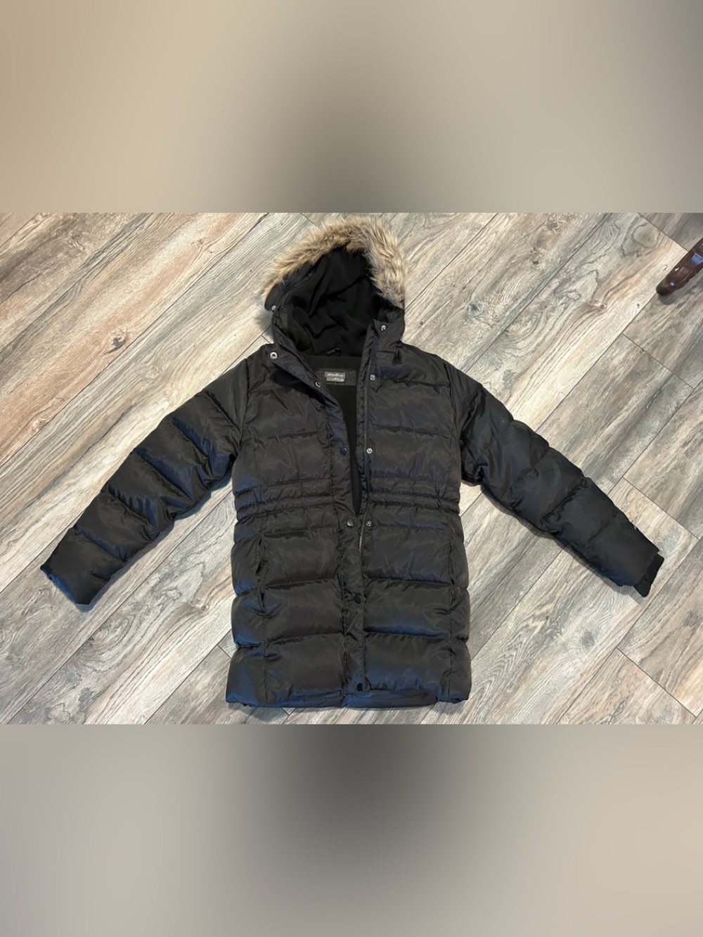 Eddie Bauer Black Down Fur trim Jacket Girls Medium Hooded